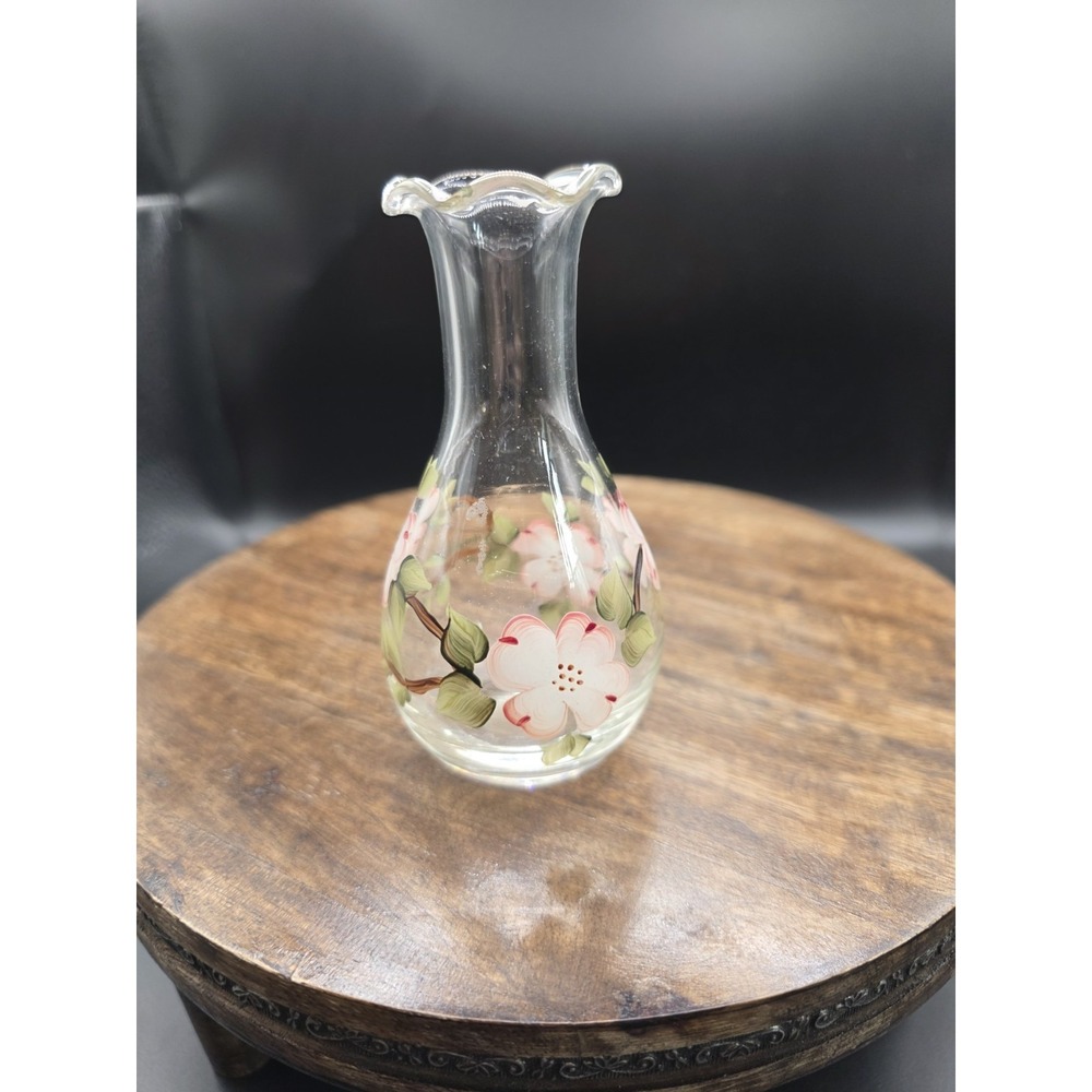 4 And 1/2"‎ Clear Bud Vase With Hand Painted Flowers